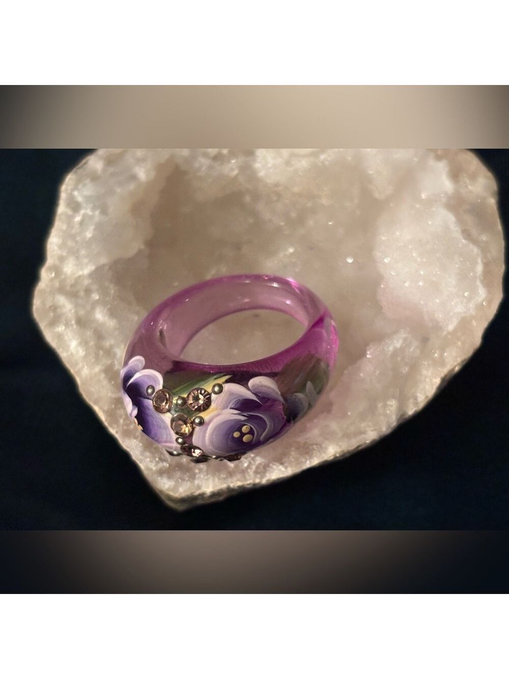 Artisan Lampwork Glass Rose Ring • Purple Rhinestone Floral Statement • Size 7
